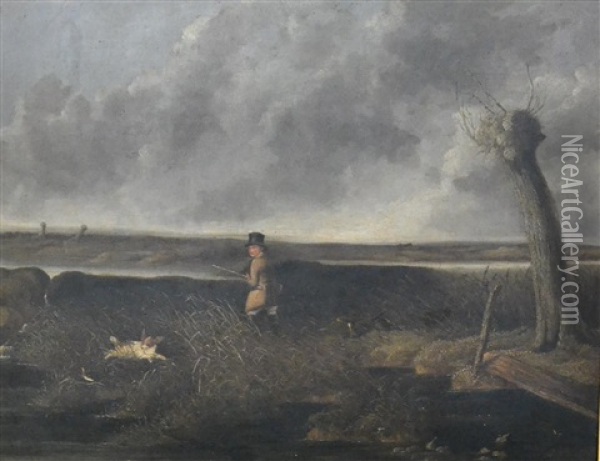 A Gentleman Out Duck Shooting With His Two Spaniels Oil Painting - Charles Henry Schwanfelder