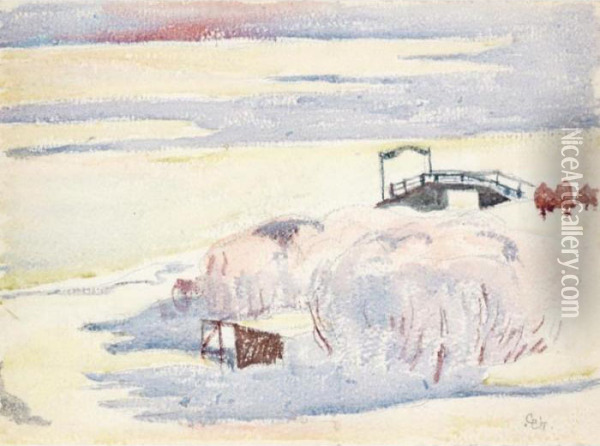 Il Pontile A Maloja (inverno A Maloggia) 
The Bridge In Maloja (winter In Maloggia) Oil Painting - Giovanni Giacometti