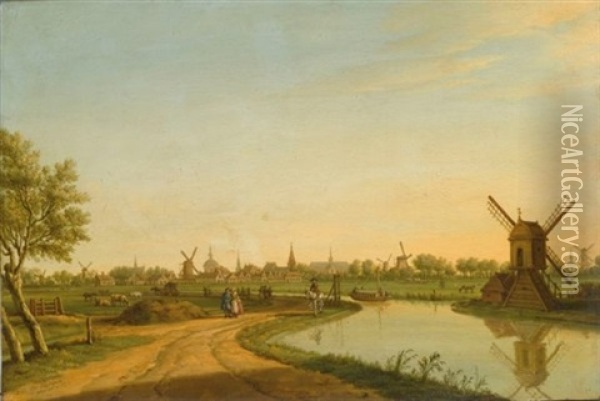 A View Of Leiden Looking From The North To The South With A Tow-boat On The Haarlemmertrekvaart, The Marekerk, The Tower Of The Stadhuis, The Onze Lieve Vrouwe Kerk, The P Oil Painting - Paulus Constantijn la (La Fargue) Fargue