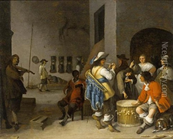 A Kortegaardje With Soldiers Smoking And Playing Dice On A Drum, Together With A Servant And Violin Player In A Guardroom Oil Painting - Anthonie Palamedesz