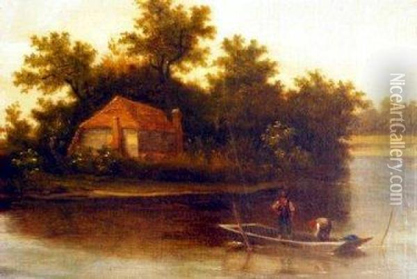 Figures On A Punt Boat Near A Cottage And Trees Oil Painting - Richard Hilder