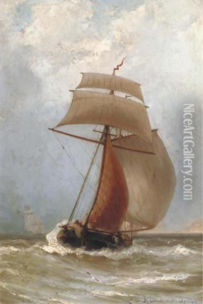 A Kofschip In Full Sail Oil Painting - Jacob Eduard Van Heemskerck Van Beest