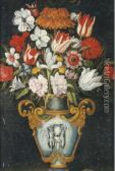 Tulips, Peonies, Narcissi And Other Flowers In A Sculptedvase Oil Painting - Master Of The Grotesque Vases