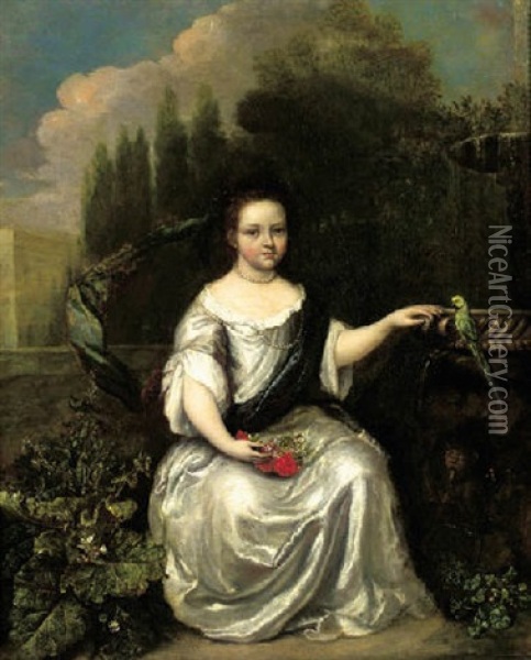 Portrait Of A Young Girl, Seated By A Fountain In A Garden, Wearing A White Silk Dress With Blue Wrap And Pearls Oil Painting - Caspar Netscher
