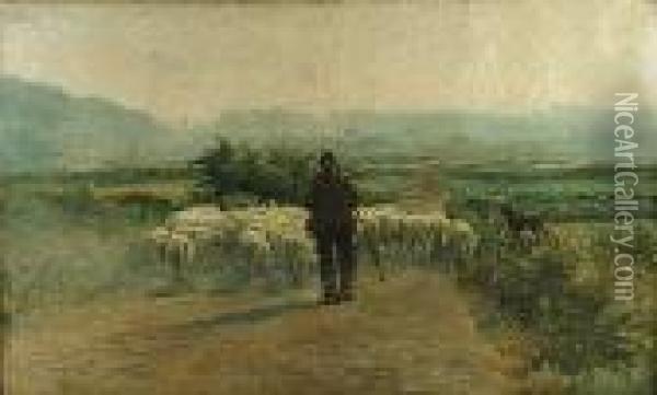 Berger Et Ses Moutons Dans Un Paysage Oil Painting - Frans Courtens