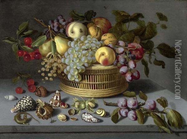Fruchtestilleben Mit Muscheln Und Insekten. Oil Painting - Ambrosius the Younger Bosschaert