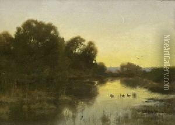 Nachtliche
 Teichlandschaft. Oil Painting - August Fink