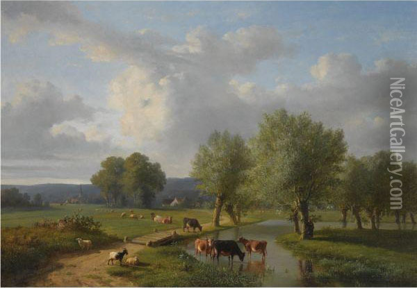 Cattle In A Summer Landscape Oil Painting - Eugene Joseph Verboeckhoven