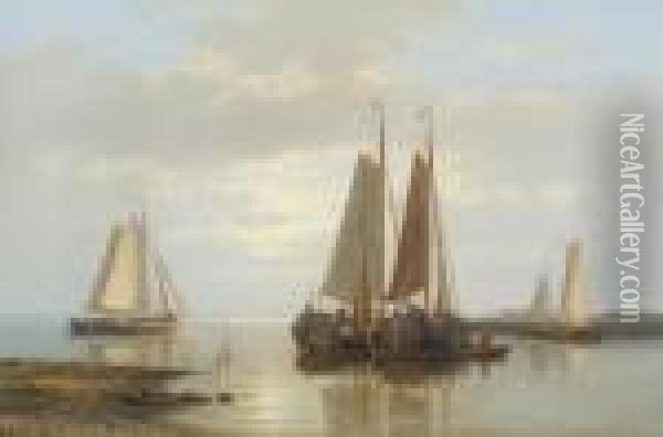 Dutch Fishing Boats And Figures In A Calm Off A Coastline Oil Painting - Abraham Hulk Jun.