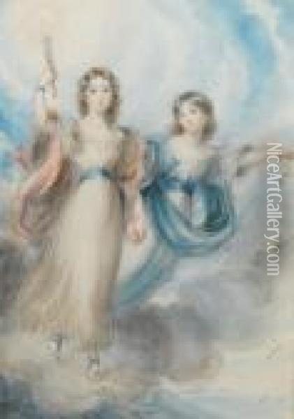 Two Allegorical Figures 
Representing Dawn; Onthe Left, Wearing White Robe With Blue Sash And 
Pink Drapery, Bluesandals, Her Curling Hair Worn Long, Her Right Arm 
Holding Aflaming Torch Aloft, On The Right, Wearing White Robe With 
Bluesash And Blue Oil Painting - Richard Cosway