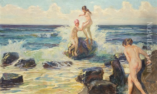 Drei Frauen Am Meer Oil Painting - Wilhelm Hempfing