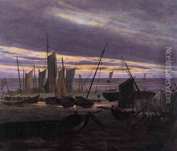 Boats in the Harbour at Evening c. 1828 Oil Painting - Caspar David Friedrich