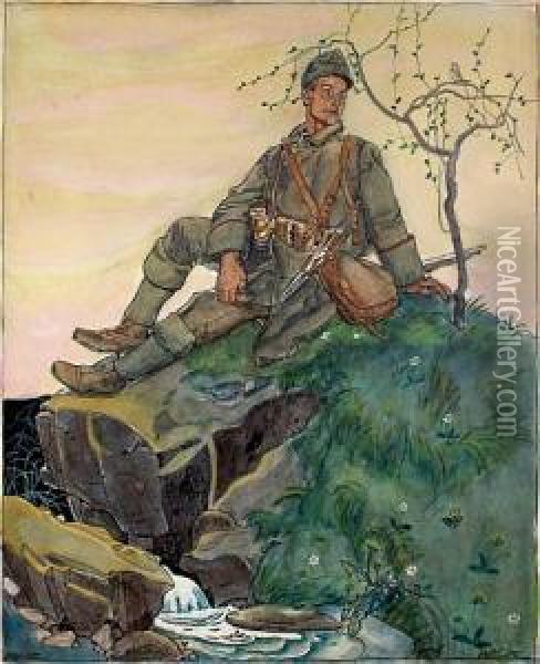 Odpoczynek Zolnierza, 1916 R. Oil Painting - Franz Wacik