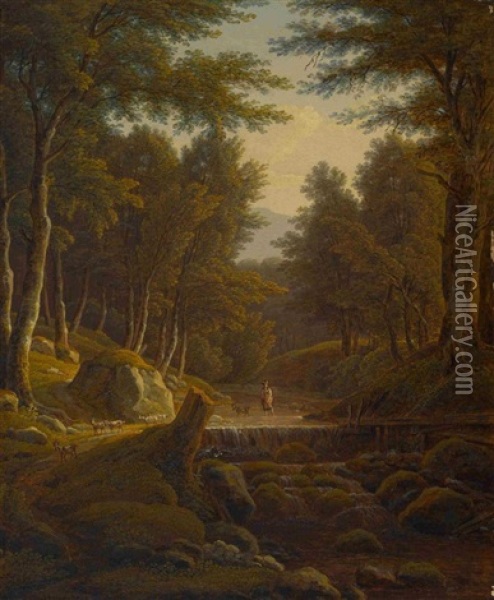 Waldlandschaft Mit Hirtin Und Ziegen Am Bach Oil Painting - Simon Warnberger