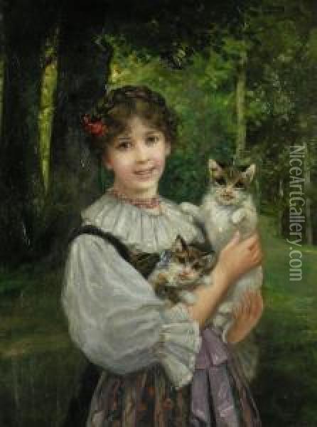Junges Madchen Mit Zwei Katzen Oil Painting - Carl Rohling