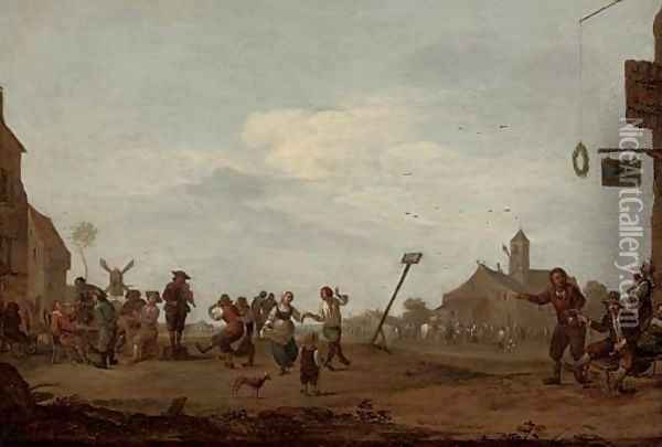 Figures dancing in a village square Oil Painting - Dutch School