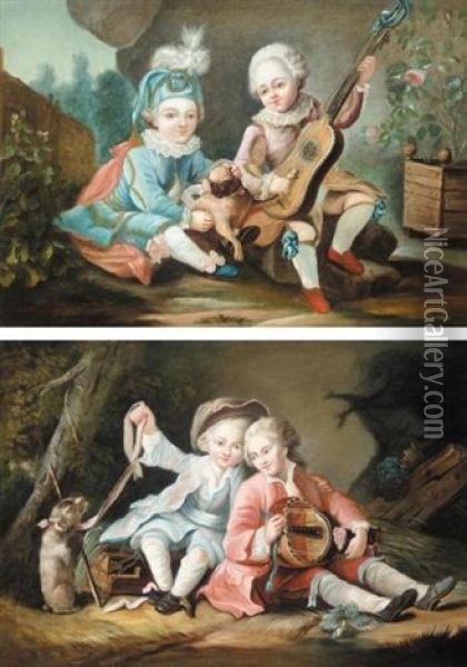 Portrait Of Two Children, One Holding A Lute And The Other Leading A Rat On A Ribbon: Children Of The Duc De Bouillon? (+ Portrait Of Two Children; Pair) Oil Painting - Francois Hubert Drouais