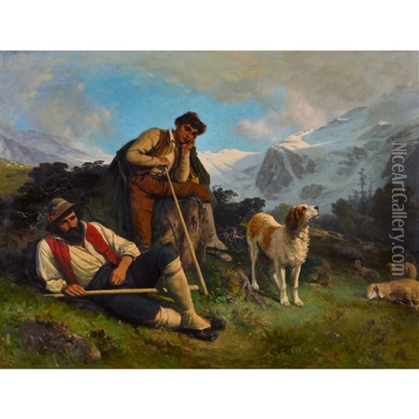 Ruhende Hirten Vor Piz Bernina Und Morteratschgletscher Oil Painting - Albert De Meuron