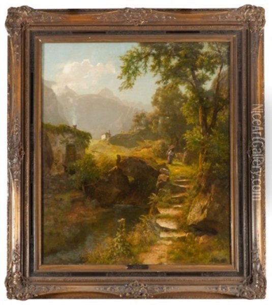 Femme Au Fagot Dans Un Paysage De Montagnes Oil Painting - August Wilhelm Leu