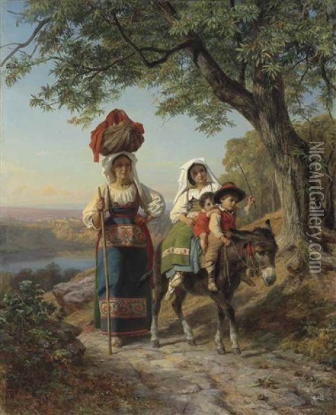 Travellers In The Roman Campagna, Lake Nemi Beyond Oil Painting - Theodor Christoph Schuez