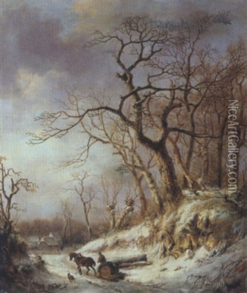 Winterlandschaft Mit Heimkehrendem Holzfaller Auf Einem Pferdeschlitten Oil Painting - Albert Eduard Moerman