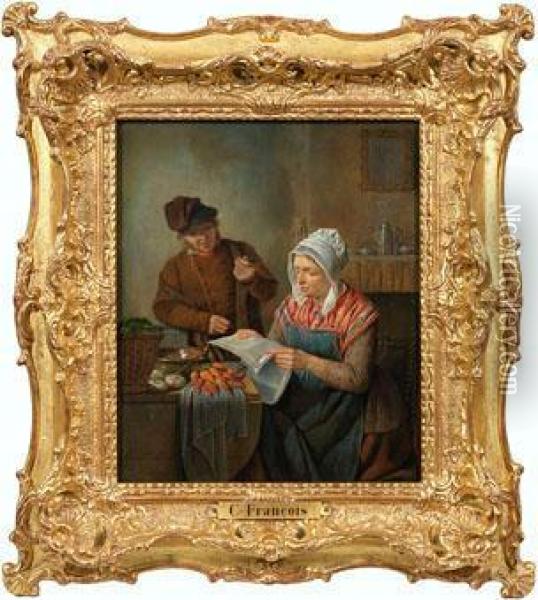 Lesende Frau Mit Ihrem Ehemann Am Kuchentisch Oil Painting - Celestin Francois Nanteuil