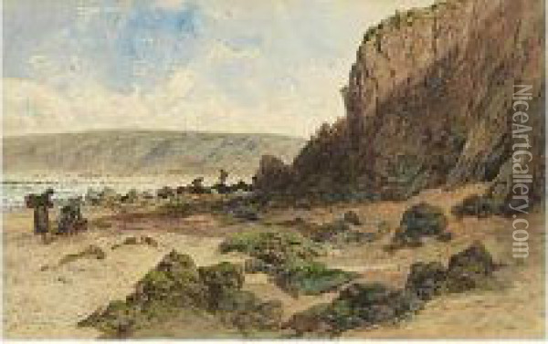 Clamdiggers On A Coast, Beneath Cliffs Oil Painting - Ciceri, Eugene