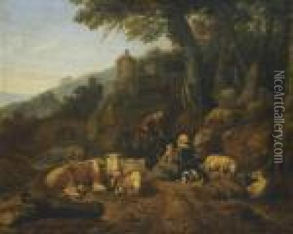 A Landscape With Drovers And Their Flock At Rest Oil Painting - Johan Heinrich Roos