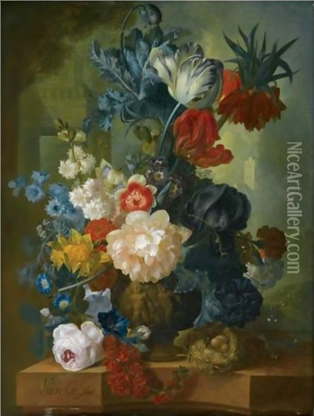Still Life With A Bouquet Of Flowers In A Sculpted Vase, Including A Parrot Tulip, Morning Glory Oil Painting - Jan van Os
