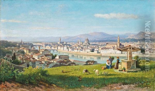 Shepherds By A Well Above The Arno, Florence Oil Painting - Lorenzo Gelati
