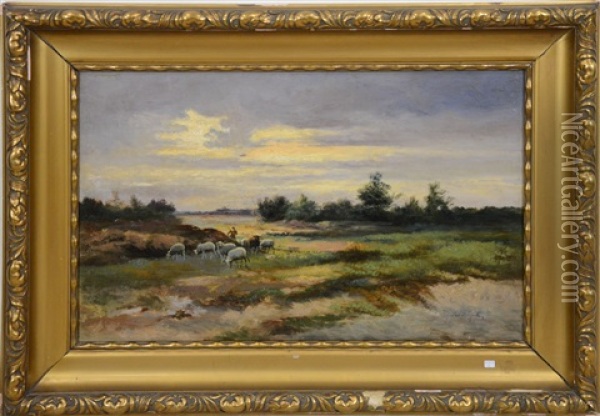 Paysage Avec Moutons Oil Painting - Jef Louis Van Leemputten