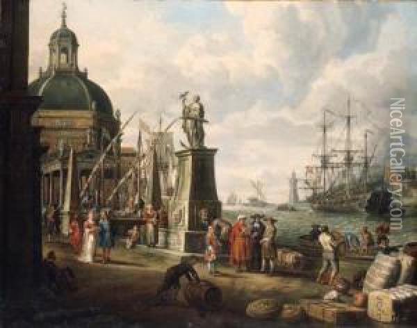 A Capriccio Of A Mediterranean Harbour With Merchants, An Elegantcouple On The Quayside, Before A Statue Of Hope And A Baroquechurch, A Lighthouse, A Dutch Man-o-war, And Other Shippingbeyond Oil Painting - Adriaen The Elder Verdoel