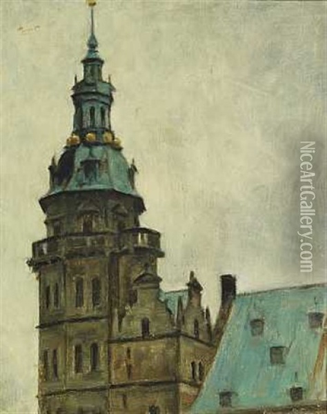 Parti Fra Frederiksborg Slot (+ Kirkeinterior; 2 Works) Oil Painting - Svend Hammershoi