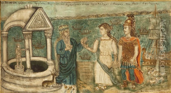 Ulysses Brings Iphigenia, The Daughter Of Agamemnon To The High Priest Kalhas For Her To Be Sacrificed To The God Apollo Oil Painting - Theofilos Hadjimichail