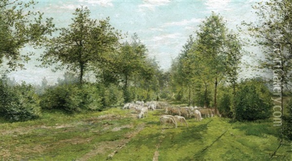 A Shepherd With His Flock In A Sunny Lane Oil Painting - Adriaan Josef Heymans