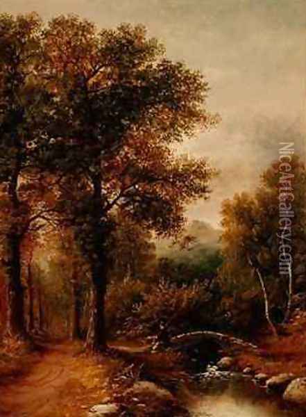 An Angler by a Woodland Stream Oil Painting - Henry Harris