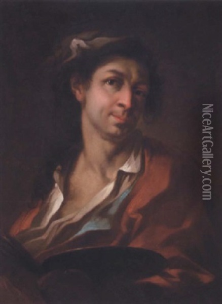 Portrait Of An Artist Wearing A Red Coat, Holding His Palette With His Left Hand (giosue Scotti?) Oil Painting - Giosue' Scotti