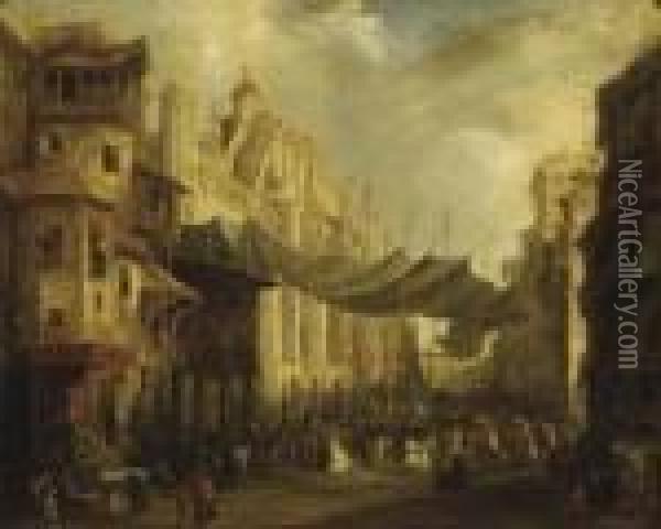 A Procession Around The Cathedral Of Seville Oil Painting - Genaro Perez Villaamil Y Duguet