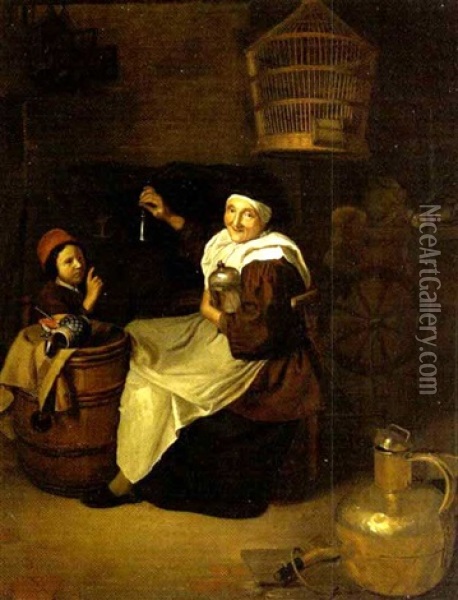 Eine Alte Frau Mit Einem Knaben In Einer Stube, Die Nagelprobe Oil Painting - Quiringh Gerritsz van Brekelenkam