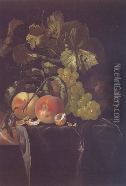 Still Life Of Grapes And Peaches, With Walnuts Upon A Marble Ledge Partly Draped With A Purple Cloth Oil Painting - Isaac Denies