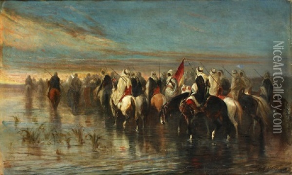 Arab Horsemen Crossing A River Oil Painting - James Alexander Walker