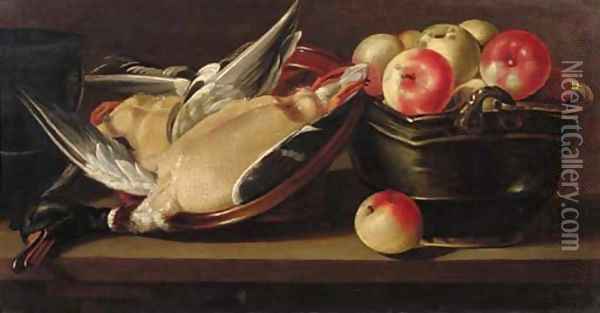 Apples in a basket with a dead duck in an earthenware bowl on a wooden ledge Oil Painting - Cornelis Jacobsz. Delff