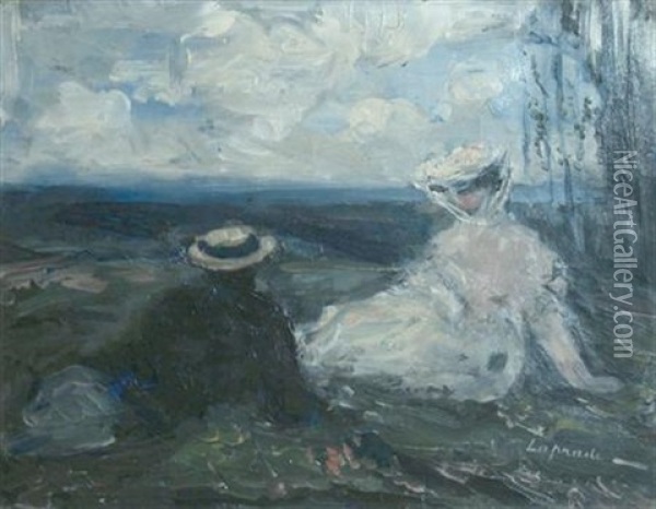 Elegant Couple Seated Before A Verdant Landscape Oil Painting - Pierre Laprade