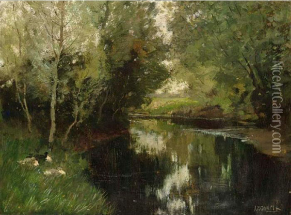 Ducks On The River Bank Oil Painting - Arnold Marc Gorter
