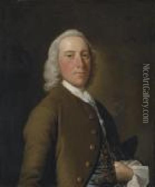 Portrait Of A Gentleman, 
Traditionally Identified As Mr Dunn,half-length, In A Brown Coat And 
Blue Embroidered Waistcoat Oil Painting - Allan Ramsay