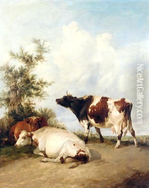 Three Cows In A Meadow Oil Painting - Thomas Sidney Cooper