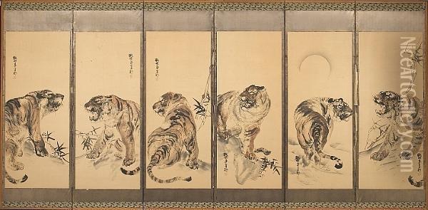 Large Six Panel Screen, Ink And Pale Color On Paper; Comprising Six Images Of Tigers Posed Amid Bamboo Or Under A Full Moon, Mounted Kakejiku-style Against A Silver Leaf Ground Oil Painting - Kishi Koma Ganku