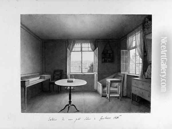 Interior of the artist's room at Lake Constance, with the lake seen through a window Oil Painting - Louise Cochelet