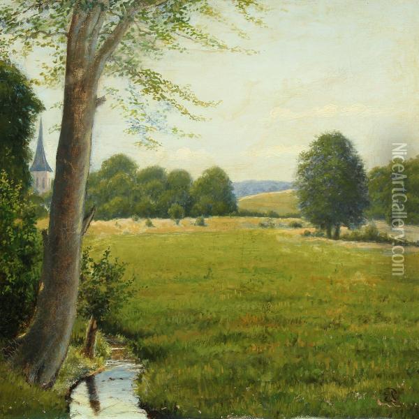 Landscape With Stream And Church Spire Oil Painting - Edvard Frederik Petersen