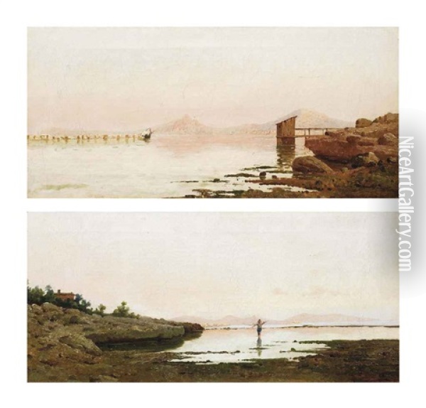 Views Of The Coast Near Palermo (pair) Oil Painting - Ettore De Maria-Bergler